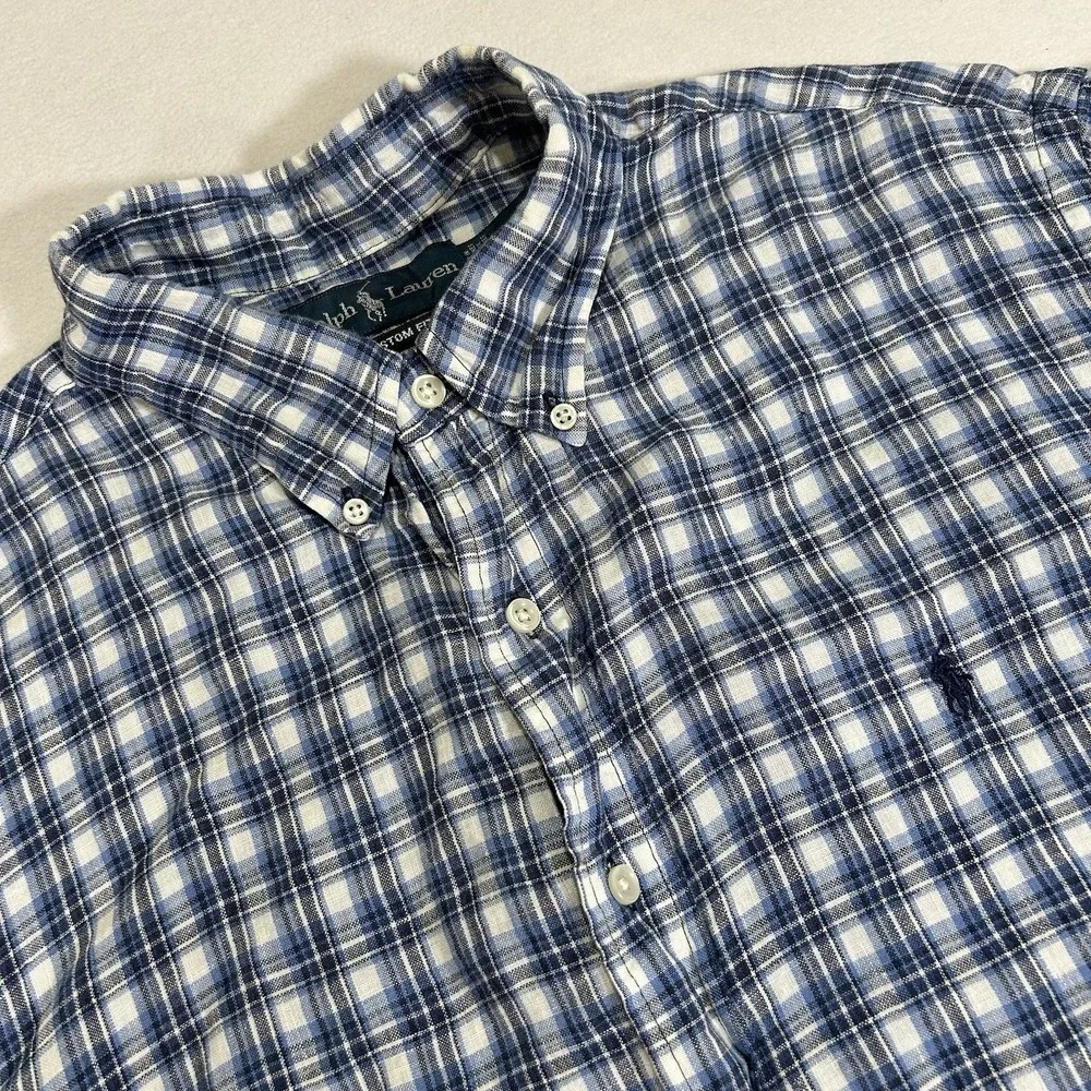 Polo Ralph Lauren Men's XL Blue Plaid 100% Linen Short Sleeve‎ Button Up Shirt - Picture 2 of 7